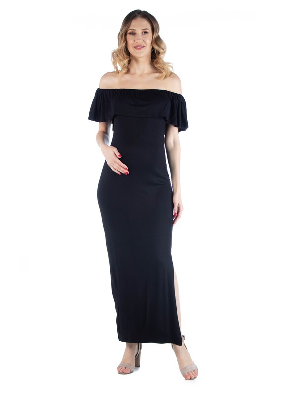 24 セブンコンフォート レディース トップス ワンピース フリル マタニティ マキシ 24seven Comfort Apparel Maternity Off Shoulderuffle Detail Maxi Dress (Maternity) Black ブラック|ReVida 店