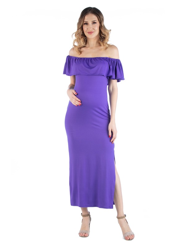 24 セブンコンフォート レディース トップス ワンピース フリル マタニティ マキシ 24seven Comfort Apparel Maternity Off Shoulderuffle Detail Maxi Dress (Maternity) Purple パープル|ReVida 店