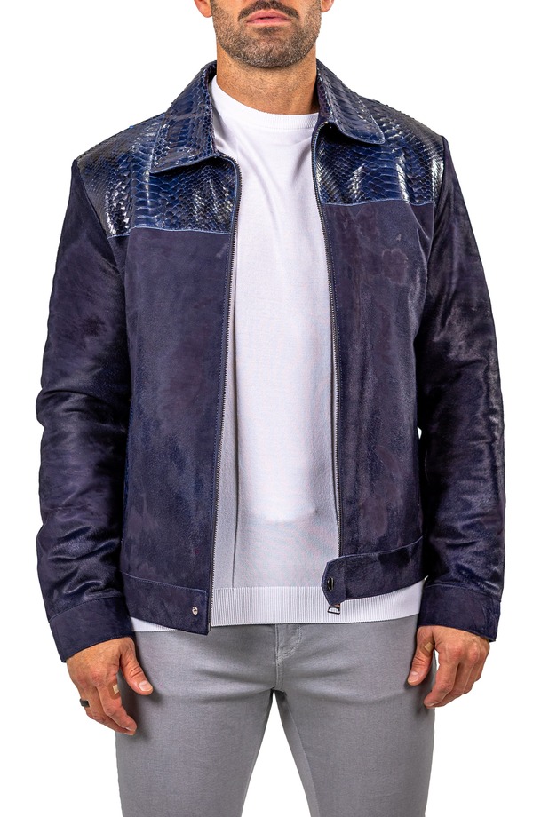 マセオ メンズ アウター コート レザー ジャケット Maceoo Leather Jacket BLACK/ BLUE ブラック|ReVida 店