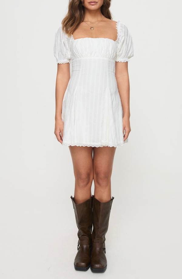 プリンセスポリー レディース トップス ワンピース ミニ コットン Princess Polly Rabatia Swiss Dot & Tonal Stripe Cotton Minidress WHITE ホワイト｜ReVida 店