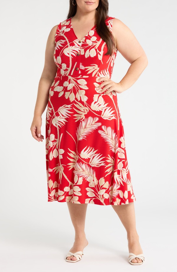 AK アンクライン レディース トップス ワンピース フラワー柄 プラスサイズ プリント ミディ ノースリーブ フラワー AK ANNE KLEIN Tropical Floral Print Sleeveless Midi Dress (Plus) BEGONIA RED MLT レッド｜ReVida 店