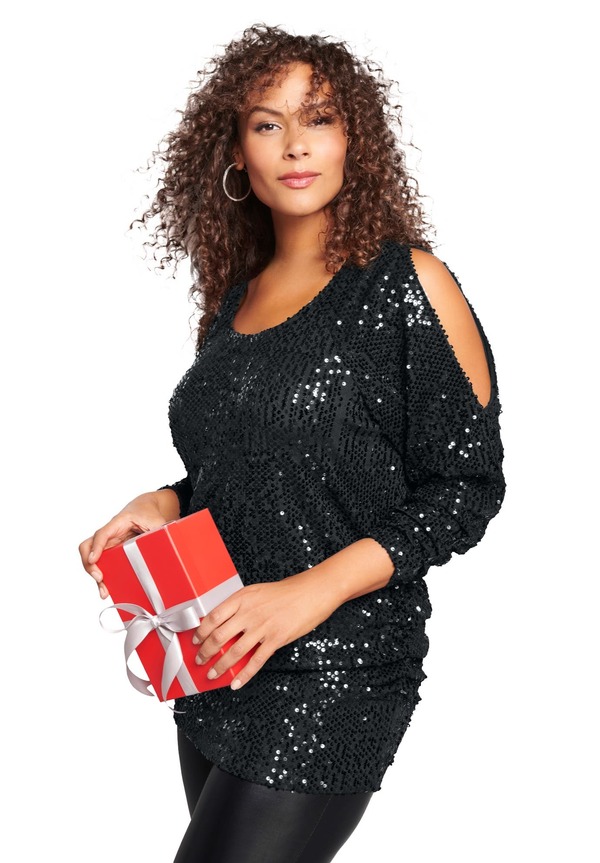 ロアマンズ レディース トップス シャツ プラスサイズ スパンコール Roaman's Cold Shoulder Sequin Tunic (Plus Regular) BLACK ブラック｜ReVida 店