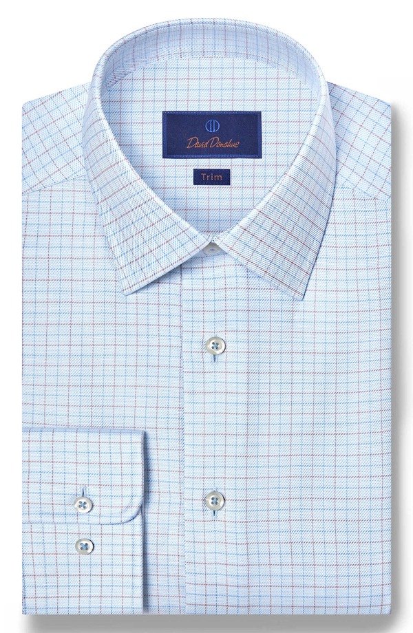 デイビッドドナヒュー メンズ トップス シャツ コットン Davidonahue Trim Fit Light Blue Check Cotton Dobby Dresshirt Sky/ Dune ブルー