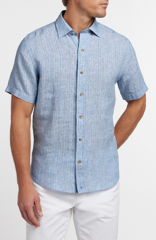 デイビッドドナヒュー メンズ トップス シャツ リネン Davidonahue Stripe Linen Short Sleeve Button-Up Shirt Blue ブルー