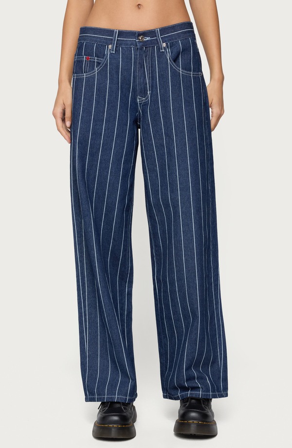 アディクテッド レディース ボトムス デニムパンツ ワイドレッグ ローライズ ジーンズ EDIKTED Kyler Pinstripe Wide Leg Low Rise Jeans DARK-BLUE ブルー|ReVida 店