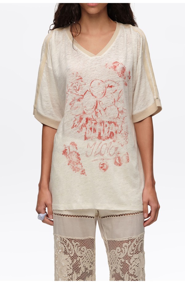 ビンバイローラ レディース トップス シャツ リネン ロゴ Bimba y Lola Faded Linen Fruit Logo T-Shirt IVORY アイボリー｜ReVida 店