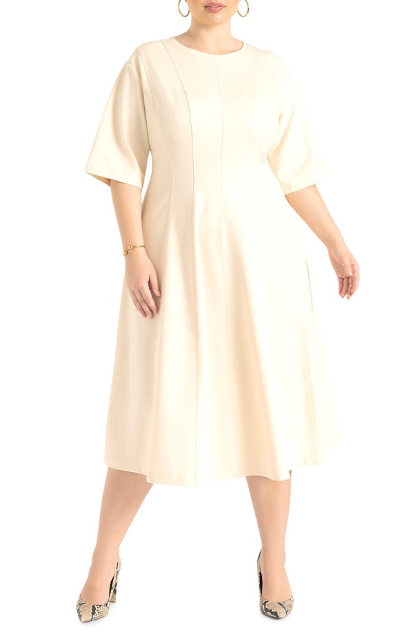 エロクイ レディース トップス ワンピース プラスサイズ ミディ ELOQUII Seam Detail Ponte Workwear Midi Dress (Plus) WHITE SMOKE ホワイト｜ReVida 店