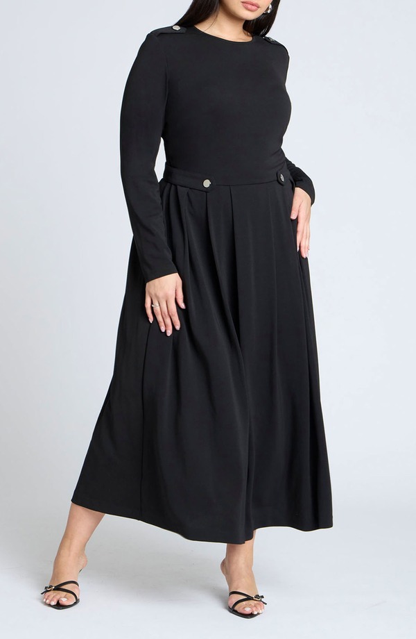 エロクイ レディース トップス ワンピース プラスサイズ プリーツ マキシ ELOQUII Epaulet Pleated Maxi Dress (Plus) BLACK ONYX ブラック|ReVida 店
