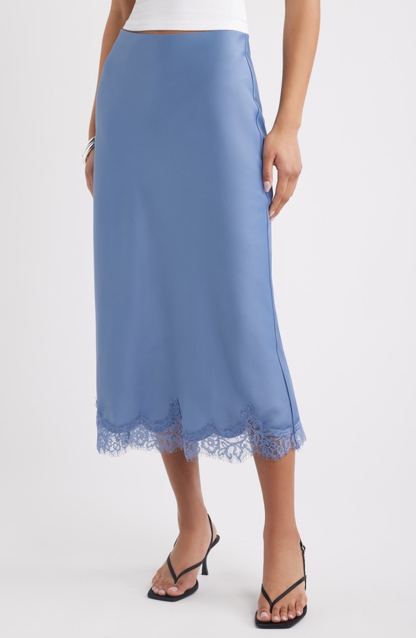 オープンエディット レディース ボトムスカート レーストリム ミディ サテン レース Open Edit Lace Trim Satin Midi Skirt BLUE UMBRA ブルー|ReVida 店