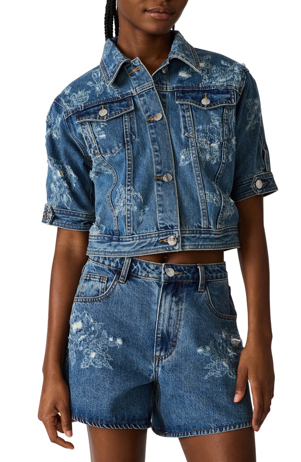 スティーブ マデン レディース ボトムス デニムパンツ ジャケット Steve Madden Distressed Short Sleeve Denim Jacket MIXED INDIGO インディゴ|ReVida 店
