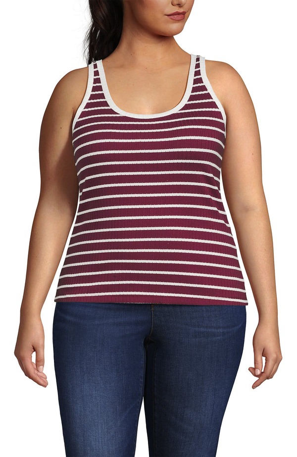 ランズエンド レディース トップス シャツ プラスサイズ Lands' End Pointelle Rib UNeck Tank (Plus) Burgundy/Ivory Breton Stripe アイボリー｜ReVida 店 11,146円