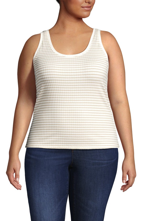 ランズエンド レディース トップス シャツ プラスサイズ Lands' End Pointelle Rib UNeck Tank (Plus) Ivory/Blush Easy Stripe アイボリー|ReVida 店