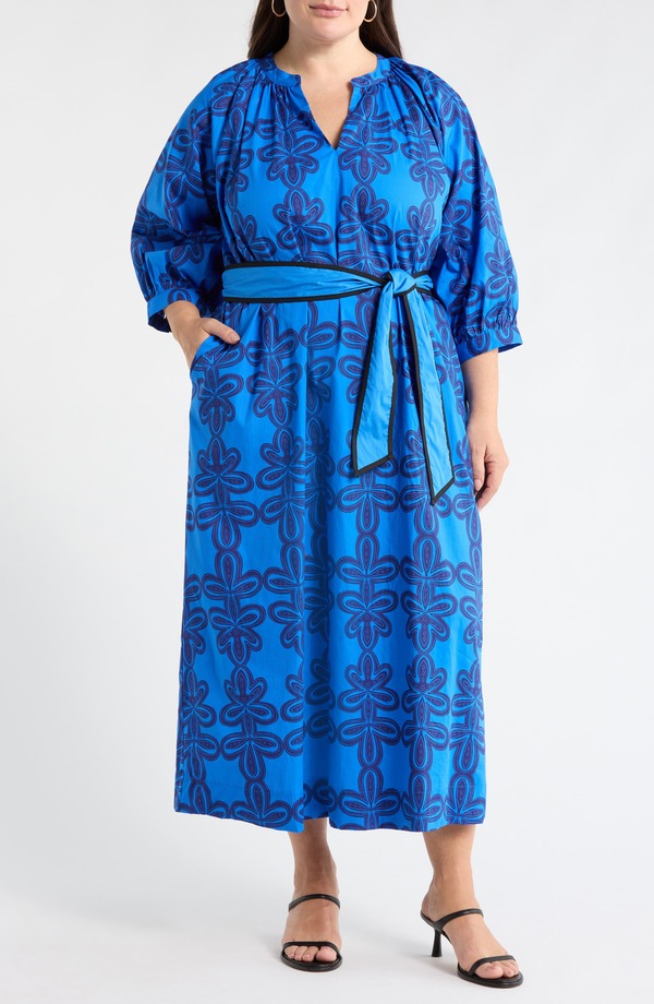 シュガーリップス レディース トップス ワンピース プラスサイズ コットン マキシ SUGARLIPS Romery Puff Sleeve Cotton Maxi Dress (Plus) BLUE-NAVY-MUL ネイビー｜ReVida 店