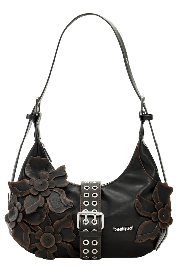 デジグアル レディース バッグ フラワー柄 レザー フェイクレザー フラワー Desigual Floral Appliqu Faux Leather Shoulder Bag DARK BROWN ブラウン｜ReVida 店