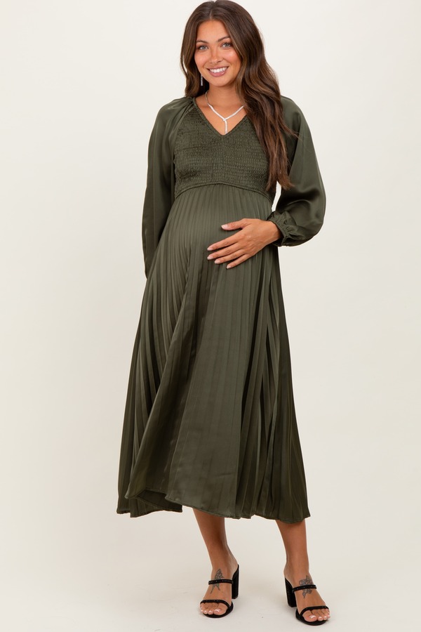 ピンクブラッシュ レディース トップス ワンピース プリーツ ミディ サテン シャーリング マタニティ PinkBlush Satin Smocked Pleated Midi Dress (Maternity) Olive Green グリーン｜ReVida 店