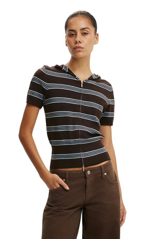 コットンオン レディース アウター パーカー・スウェット キャップ ニット Cotton Women's Cap Slv Sara Hooded Zip Knit Dark Oak Blue Stripe ブルー｜ReVida 店