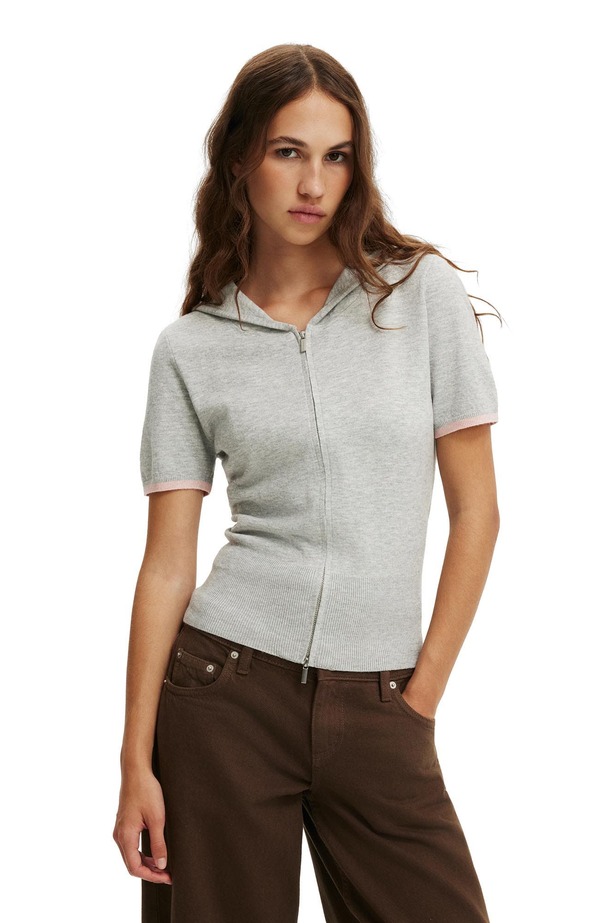コットンオン レディース アウター パーカー・スウェット キャップ ニット Cotton Women's Cap Slv Sara Hooded Zip Knit Grey Marle Tipping グレー|ReVida 店