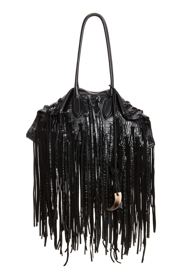 マックイーン レディース バッグ レザー フリンジ McQueen Manta Fringembellished Croc Embossed Leather Shoulder Bag BLACK/ SILVER ブラック|ReVida 店