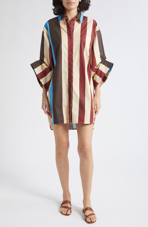 スタウド レディース トップス ワンピース シャツ コットン STAUD Nico Stripe Stretch Cotton Shirtdress CAFE STRIPE ストライプ｜ReVida 店