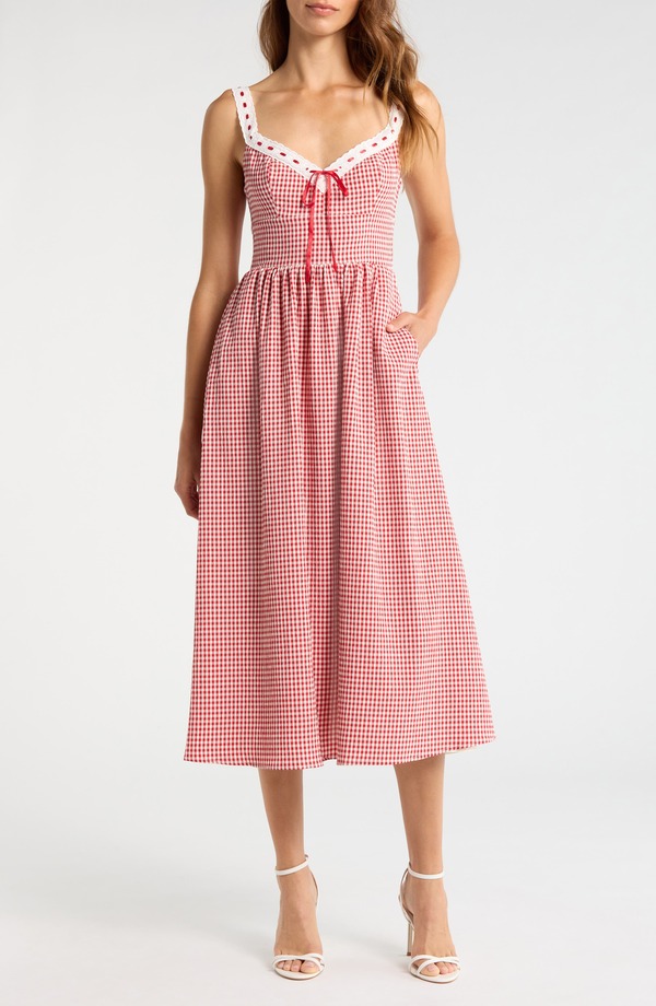 ワイフ レディース トップス ワンピース レーストリム ギンガムチェック ミディ レース ギンガム WAYF Lilibet Gingham Lace Trimidi Dress RED レッド|ReVida 店