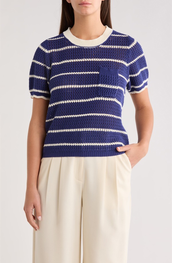 シュガーリップス レディース アウター パーカー・スウェット セーター ニット SUGARLIPS Dannah Stripe Open Knit Sweater NAVY-CREAM クリーム|ReVida 店