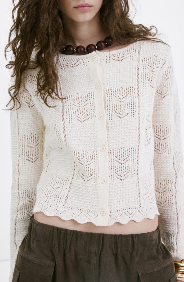 マンゴ レディース アウター パーカー・スウェット プラスサイズ コットン カーディガン MANGO Pointelle Crop Cotton Blend Cardigan (Plus Regular) ECRU エクリュ|ReVida 店