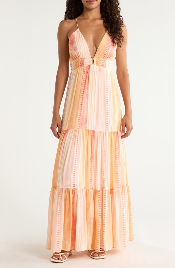 エラン レディース トップス ワンピース ティアード プリント マキシ ホルター Elan Printie red Halter Maxi Dress CORAL STROVIA コーラル|ReVida 店