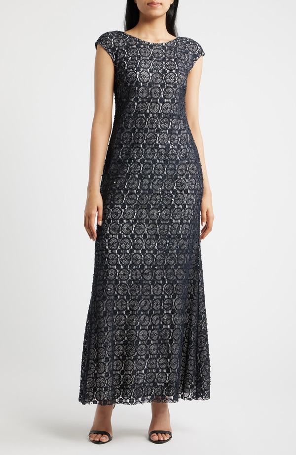 ピサッロナイツ レディース トップス ワンピース A ライン Pisarro Nights Crochet Bateau Neck A-line Gown BLACK 001 ブラック｜ReVida 店