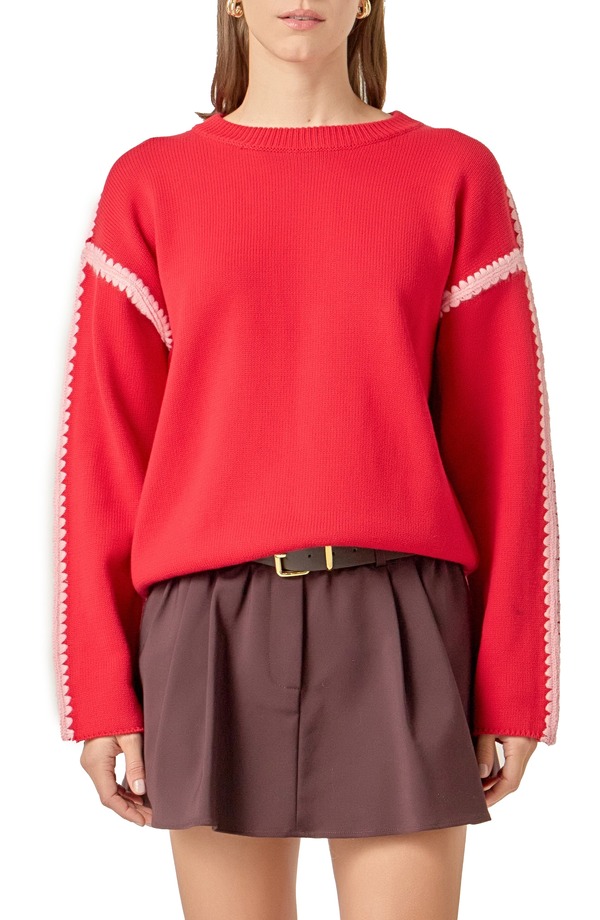 イングリッシュファクトリー レディース アウター ニット・セーター リラックスフィット コットン English Factory Stitch Detail Relaxed Fit Cotton Sweate rED/ PINK レッド｜ReVida 店 20,221円