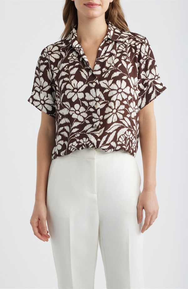 AK アンクライン レディース トップス シャツ フラワー柄 プチ プリント フラワー AK ANNE KLEIN Floral Print Short Sleeve Button-Up Shirt (Petite) DARK CHOCOLATE/ WHITE ホワイト｜ReVida 店