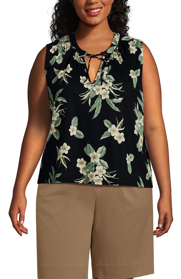 ランズエンド レディース トップス シャツ プラスサイズ リネン Lands' End Linen Blend Notch Neck Swing Tank Top (Plus) Black Plumeria ブラック|ReVida 店
