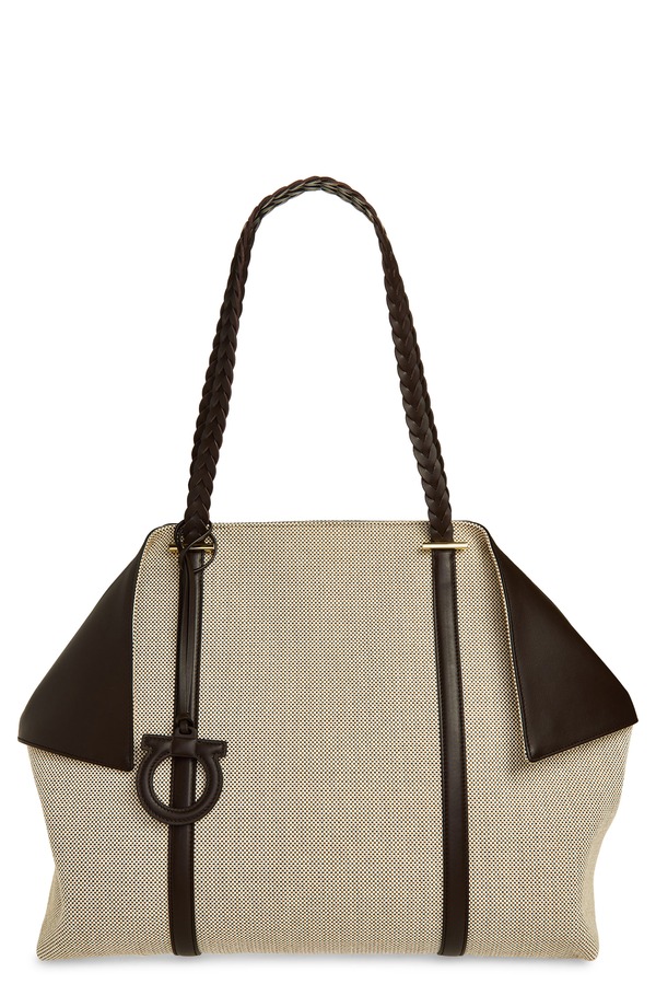 フェラガモ レディース バッグ レザー FERRAGAMO Large Folded Canvas & Leather Tote NATURALE MULTI T MORO マルチカラー|ReVida 店