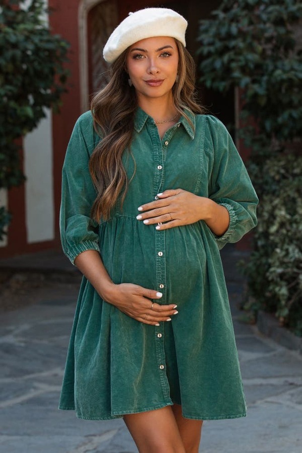 ピンクブラッシュ レディース トップス ワンピース ボタンダウン コーデュロイ ダウン マタニティ PinkBlush Corduroy Button Down Collaredress (Maternity) Green グリーン|ReVida 店