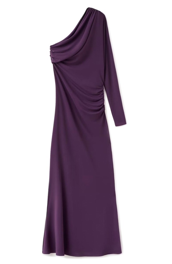 マンゴ レディース トップス ワンピース ギャザー ワンショルダー ジャージー MANGOne-Shoulderuched Jersey Dress PURPLE パープル｜ReVida 店