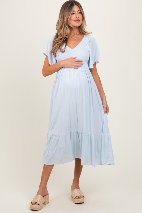 ピンクブラッシュ レディース トップス ワンピース フリル シャーリング マタニティ PinkBlush Smocked Ruffle Dress (Maternity) Light Blue ブルー|ReVida 店