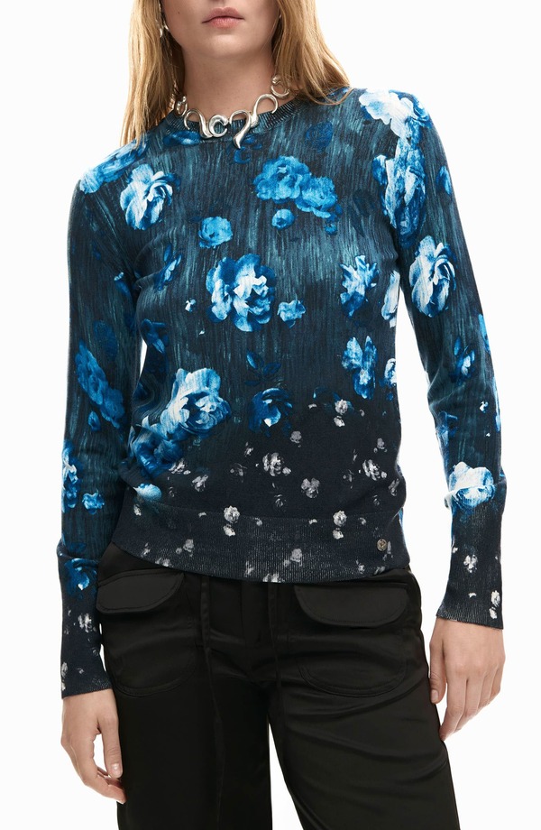 デジグアル レディース アウター パーカー・スウェット クルーネック フラワー柄 セーター フラワー Desigual Floral Fine Gauge Crewneck Sweater BLACK/ BLUE ブラック|ReVida 店