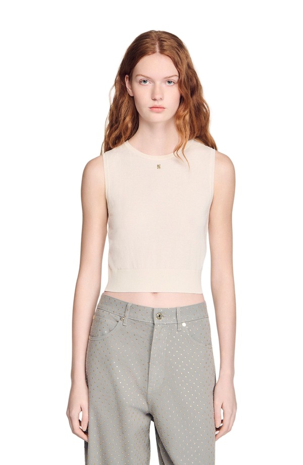 サンドロ レディース アウター パーカー・スウェット セーター ノースリーブ ニット SANDRO Sleevelesshort knit sweater Ecru エクリュ|ReVida 店
