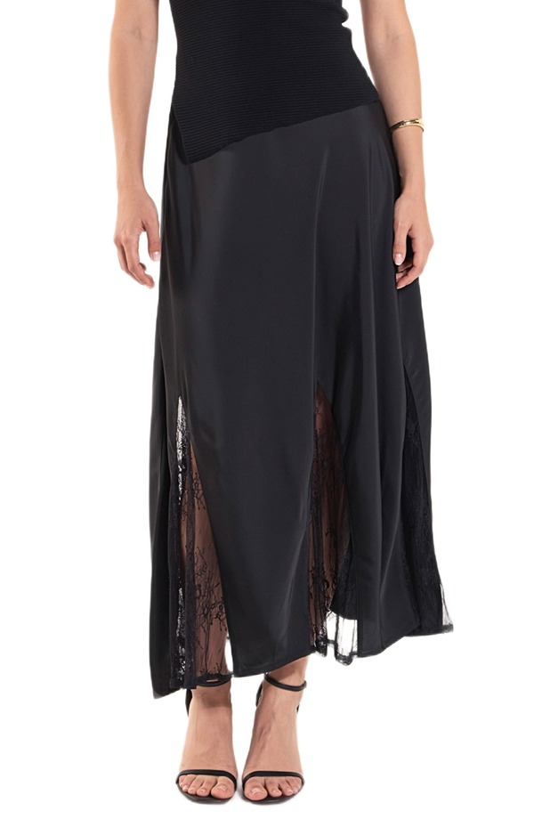 エンドレスローズ レディース ボトムスカート レーストリム ミディ サテン レース Endless Rose Lace Trim Satin Midi Skirt BLACK ブラック｜ReVida 店