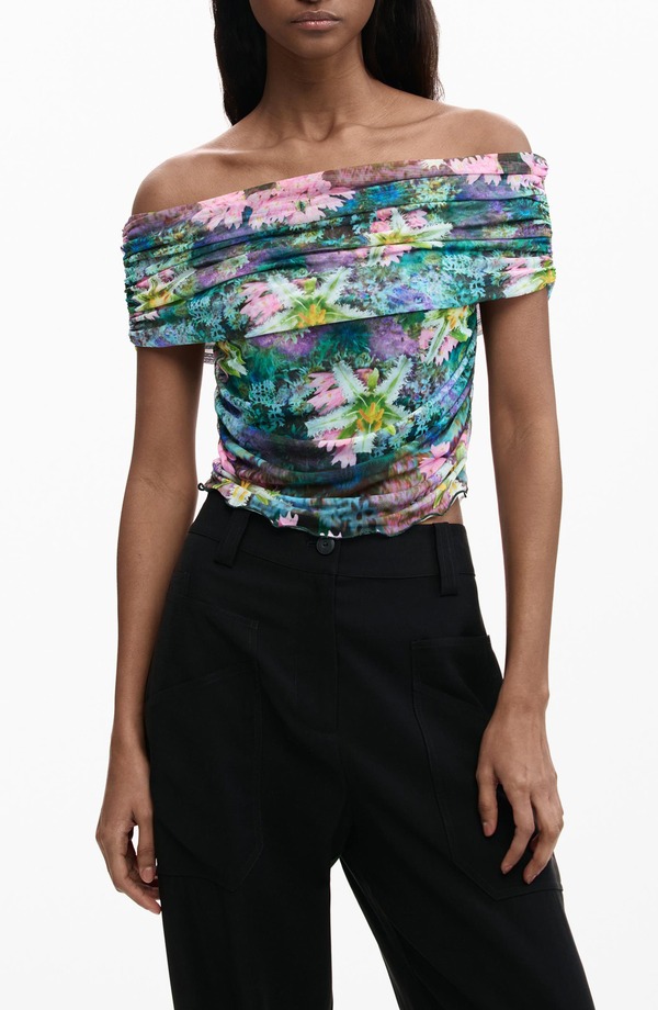 デジグアル レディース トップス シャツ メッシュ Desigual Off the Shoulder Stretch Mesh Top GREEN グリーン|ReVida 店