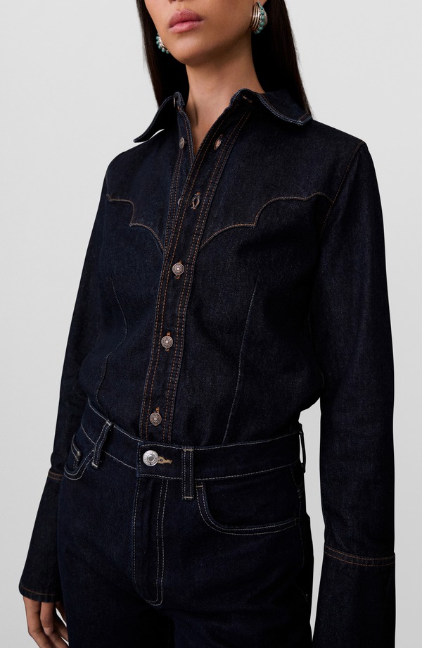 マンゴ レディース トップス シャツ デニム MANGO Western Denim Button-Up Shirt OPEN BLUE ブルー|ReVida 店