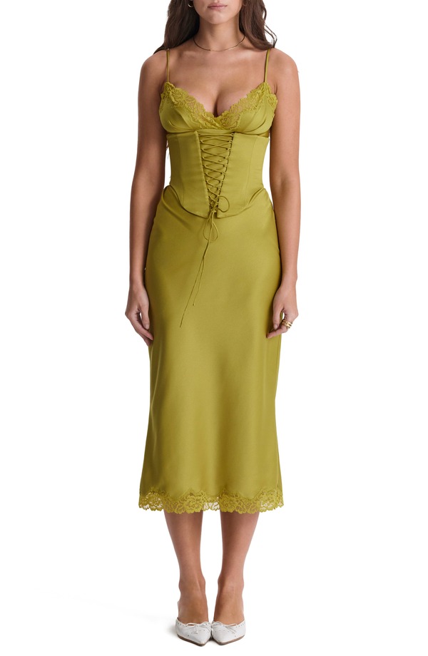 ハウスオブシービー レディース トップス ワンピース サテン HOUSE OF CB Salma Corset Satin Slipdress CANARY GREEN グリーン｜ReVida 店