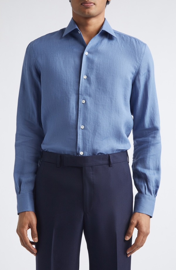 トムスウィーニー メンズ トップス シャツ リネン Thom Sweeney Linen Button-Up Shirt DENIM BLUE デニム｜ReVida 店