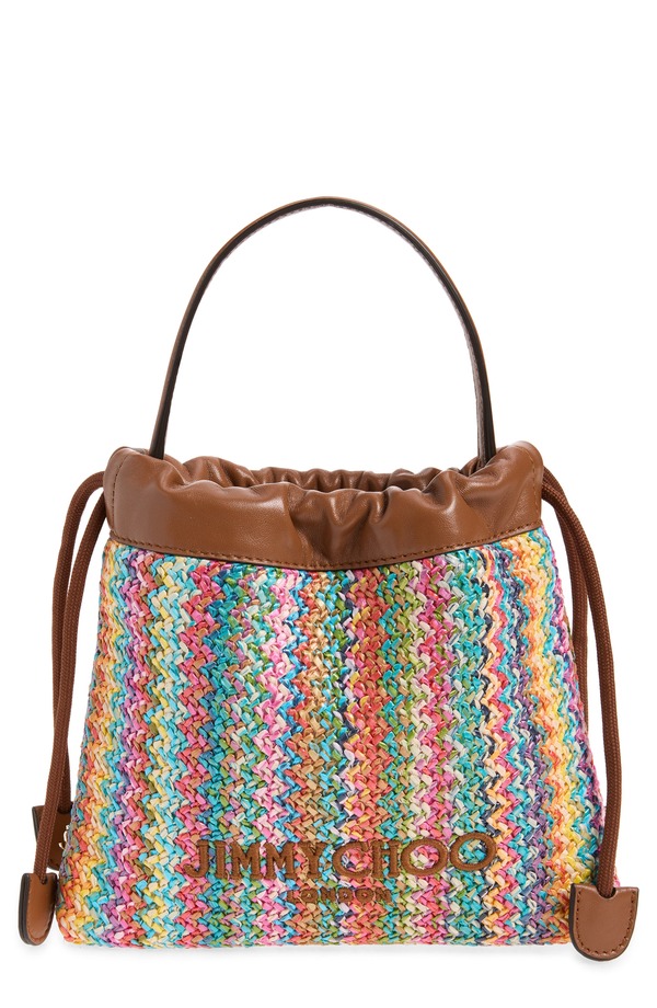 ジミーチュー レディース バッグ Jimmy Choo Chevron Raffia Drawstring Pouch MULTI/ TAN/ LIGHT GOLD タン｜ReVida 店