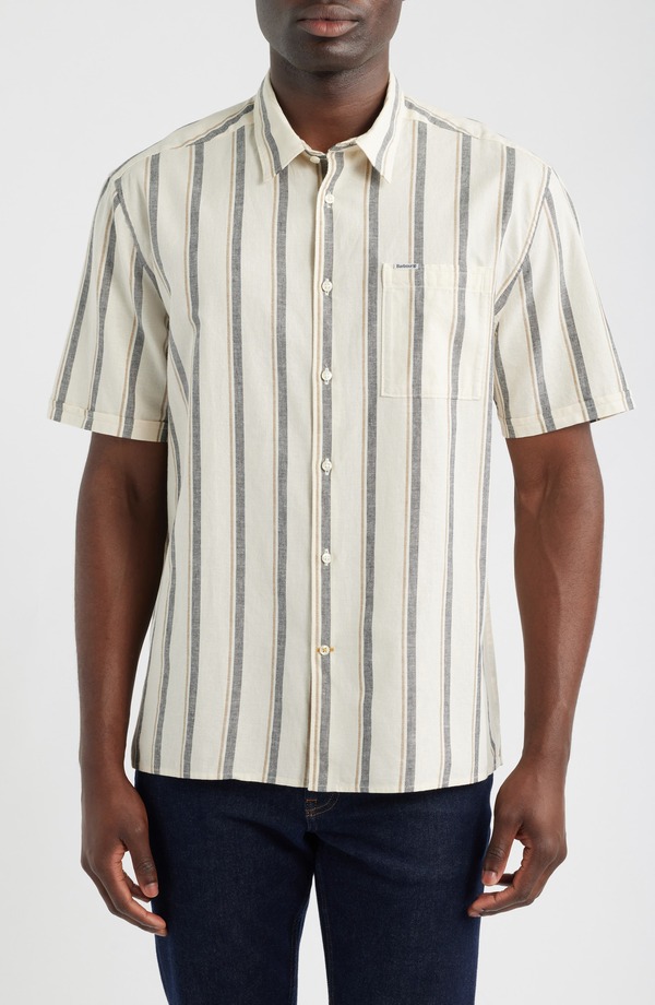 バブアー メンズ トップス シャツ コットン リネン Barbour Barkend Stripe Summer Short Sleeve Cotton & Linen Button-Up Shirt WHISPER WHITE ホワイト|ReVida 店
