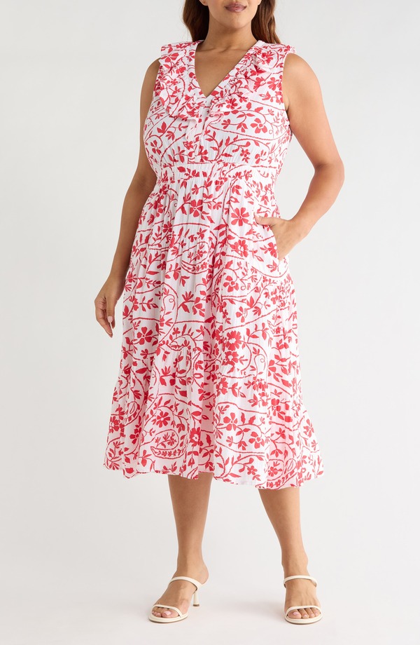 キャスロン レディース トップス ワンピース ティアード プラスサイズ フリル ミディ ノースリーブ コットン Caslon Ruffle Sleeveless Tie red Cotton Midi Dress (Plus) WHITE- RED FLOWER PAISLEY ホワイト|ReVida 店