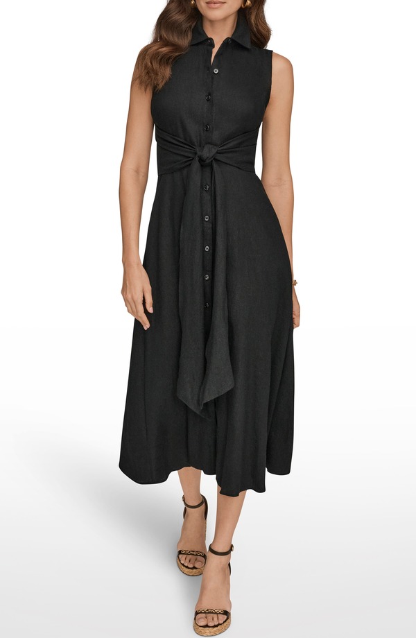 ダナ キャラン ニューヨーク レディース トップス ワンピース シャツ ノースリーブ リネン Donna Karanew York Sleeveless Linen Blend Shirtdress BLACK ブラック｜ReVida 店