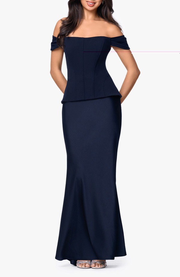 ベッツィアンドアダム レディース トップス ワンピース Betsy & Adam Off the Shoulder Mixed Media Gow nAVY ネイビー｜ReVida 店