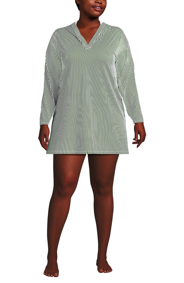 ランズエンド レディース トップス ワンピース プラスサイズ ミニ Lands' End Plusize SunShade UPF 50 Hooded Mini Swim Cover-Up Dress (Plus) Fusion Green Mini Stripe グリーン|ReVida 店