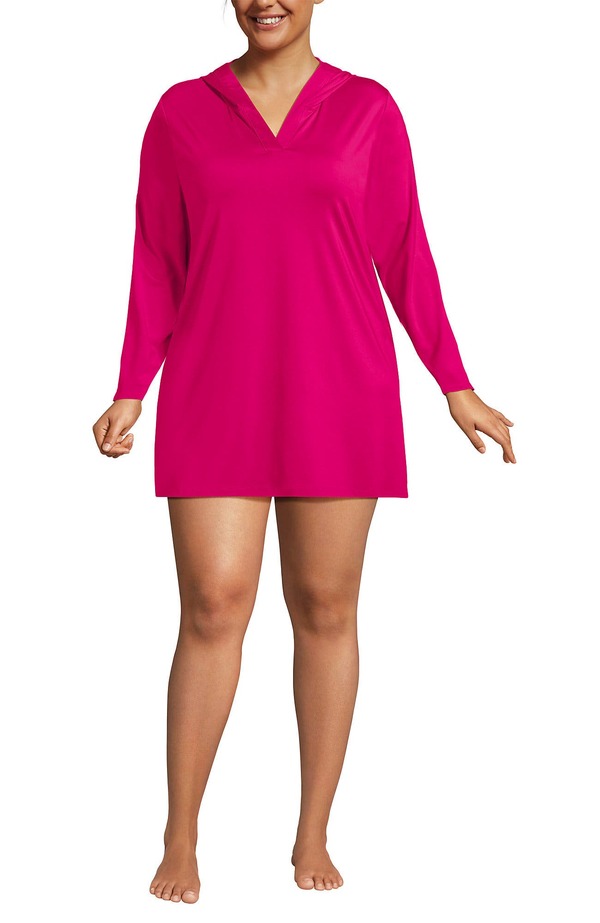 ランズエンド レディース トップス ワンピース プラスサイズ ミニ Lands' End Plusize SunShade UPF 50 Hooded Mini Swim Cover-Up Dress (Plus) Riviera Rose｜ReVida 店