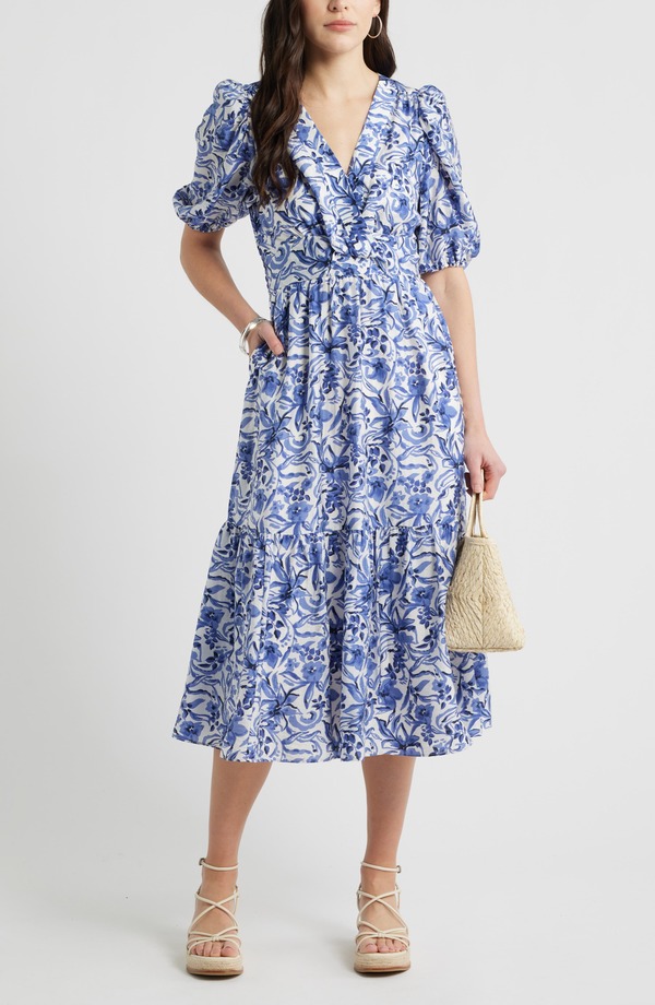 キャスロン レディース トップス ワンピース プリント ミディ Caslon Twist Detail Allover Print Midi Dress IVORY/ NAVY DAISY GARDEN アイボリー｜ReVida 店